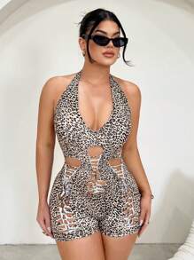SHEIN SXY Sexy Leopard Print Hollow-Out Clubwear Slim Fit Romper,Summer Outfits For Women,Y2k,Cheetah Print,Club Outfits Women Sexy,Going Out ,Rompers For Women Summer,Streetwear Women - Multicolor - View 4
