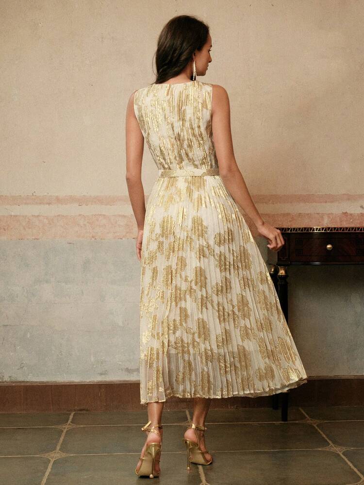 Elegant French Pleated & Gold Foil Sleeveless Cinched Waist Long Dress, Suitable For Party, Date Night, Summer Outfits