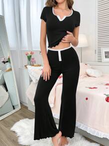 2pcs Women's Reversible Ribbed Brushed Lounge Wear Set Holiday Season Outfit - Black - View 3
