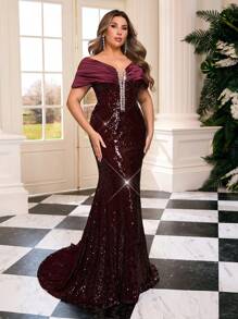 Glamrae 加大码优雅酒红色亮片露背高开衩美人鱼晚礼服，水钻装饰露背礼服，适合婚礼、舞会、派对舞会礼服，女士，婚礼宾客 - 酒紅色 - 查看 7