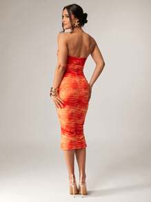 Silquee 橙色优雅花卉浪漫印花连衣裙，弹力网布修身连衣裙，适合浪漫约会、派对、情人节等节日 - 彩色 - 查看 2