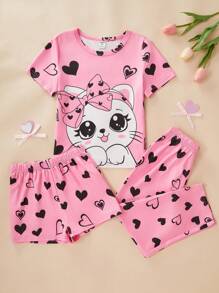 3 Stück/Set Mädchen Casual Süß Herz-Katzen-Muster Kurzarm T-Shirt, Shorts, Lange Hose Heim Outfit Vatertags Geschenke Welpe Sommer Strand Sommer Kleidung Pyjama Sets Mädchen Kleidung 4 Kleidung für Mädchen 10 Mädchen Kleidung für Kinder 3 - Pink - Übersicht 5
