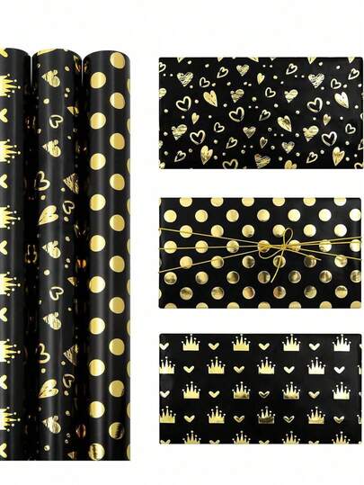 1 Rollo de papel de regalo de invierno (Longitud: 300 cm, Ancho: 43 cm) / 1 Rollo de cuerda de yute (Longitud: 1000 cm) para decoración DIY, con diseño creativo de corazón/corona/lunares en estampado de lámina