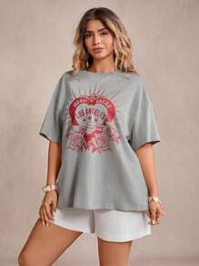 SHEIN VCAY Plus Size Minimalist Print Round Neck Short Sleeve T-Shirt Western Clothes For Women Boho Women Clothing Graphic Tees Women Leisure Vacation - Khaki - View 6