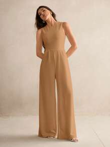 SHEIN Tall Casual Elegant Sleeveless Wide-Leg Black Jumpsuit - Camel - View 4
