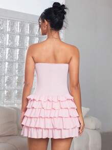 Jeanoix Plain Color Layered Strapless Ruffle Detail Sleeveless Dress, Summer - Pink - View 2