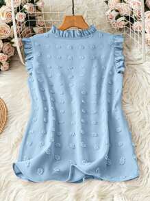 SHEIN LUNE 女士度假休闲纯色瑞士圆点拼接荷叶边下摆无袖衬衫 - 淺藍色 - 查看 2