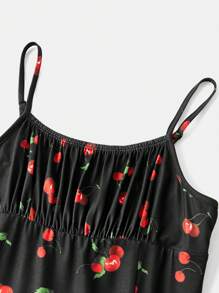 SHEIN Đầm Maxi in họa tiết quả anh đào xẻ đùi cho bé gái tuổi mới lớn, trang phục đôi cho mẹ và bé - màu đen - Xem 11