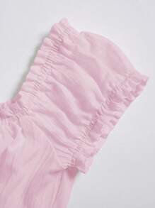 SHEIN Unity 女式夏季纯色收腰荷叶边系带短袖衬衫 - 粉色 - 查看 5