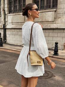 Chiquease Rochie de vacanță scurtă și elegantă, cu decolteu în V, cu broderie goală, casual