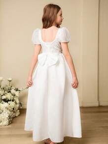 Tween Girl 优雅白色蝴蝶结方领中长款派对礼服，适合晚会、庆典、生日、婚礼、花童、圣诞节、万圣节、感恩节 - 白色 - 查看 2