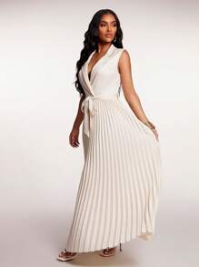 SHEIN SXY 女士性感优雅香槟色无袖褶皱飘逸连衣裙，适合休闲外出、工作、聚会、约会、正式场合 女士杏色西装外套连衣裙，适合日常穿着、工作、聚会、约会、婚礼、正式活动