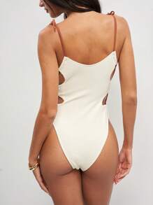 SHEIN Swim New Summer Jacquard Fabric Spaghetti Strap One-Piece Contrast Color Vacation Swimsuit - White - View 2