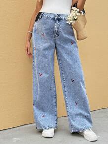 SHEIN 孕妇度假休闲樱桃刺绣牛仔裤 - 藍色 - 查看 1