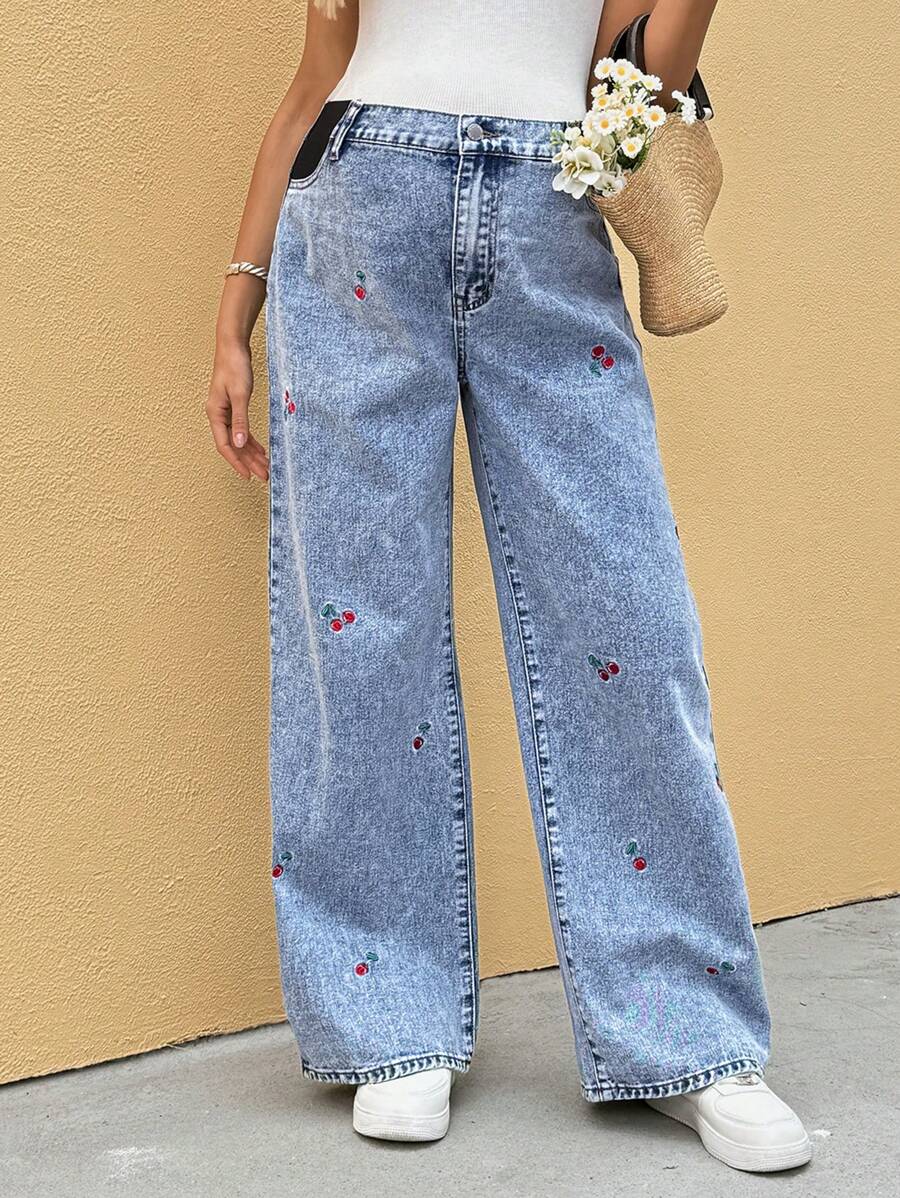 SHEIN 孕妇度假休闲樱桃刺绣牛仔裤 - 藍色 - 查看 1