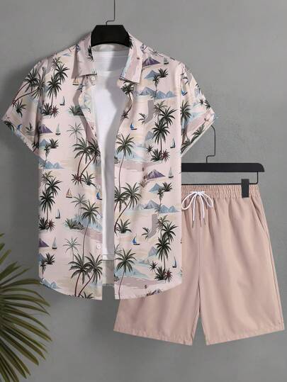 Surfspeed 2 件棕榈树印花男士夏季衬衫和短裤套装男士泳裤热带男士服装，夏季可爱风格，夏威夷