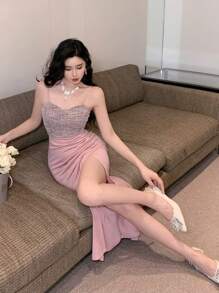 DAZY Vestido de tirantes con abertura lateral a los lados, de elegante estampado de cuadros y bloque de color para mujer