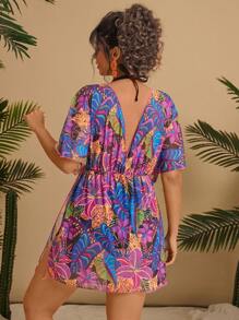 Travachic Plus Size Women's Tropical Plant & Floral Print V-Neck Loose Beach Swimsuit Cover Up, Casual And Suitable For Beach, Sunscreen, Country Concert Outfit