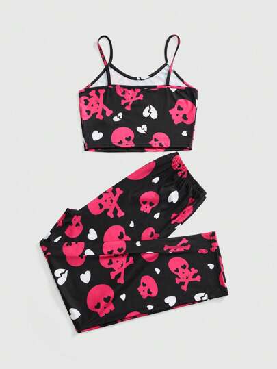 Goth Ensemble de pyjama avec camisole à imprimé cœur de squelette gothique et pantalon ample