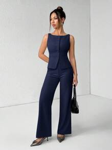 SHEIN PETITE Women's Solid Color Round Neck Single-Breasted Vest And Pants Elegant Commuter Suit, Summer Fall Women Clothes Women Set Office Wear Business Casual Women Two Pieces Outfits Fall Women Office Wear Women Set Women Blazers Set Office Outfits For Women Business Women Attire Professional Women Clothes