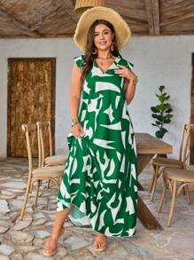 SHEIN LUNE 大码女式 V 领撞色印花长裙，常规版型，适合春夏假期穿着