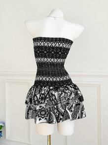 Elamini Váy Bustier in hoa màu tương phản chắp vá cổ điển - màu đen - Xem 2