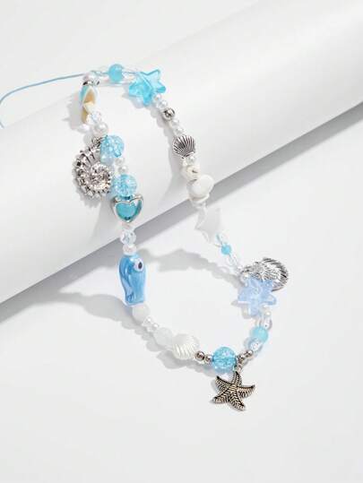 Fairycore 1pc Fashion Ocean Style Starfish & Shell Beaded Blue Crystal Phone Lanyard, Charming Summer Accessory, Holiday/Birthday/Graduation Gift