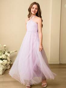 SHEIN Wedding Season Elegant Net Yarn Bridesmaid Dress For Tween Girls With Neck Hanging Design, Suitable For Weddings, Birthdays, Spring & Summer - Purple - View 4