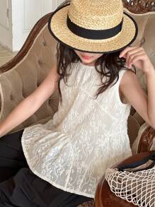 DAZY 青少年女孩无袖纯色圆领时尚衬衫，适合夏季 - 杏色 - 查看 6