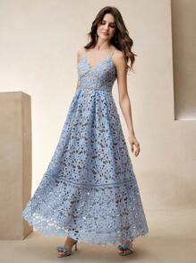 Anewsta Đầm dài tay ren cổ tròn thắt eo cho nữ - Màu xanh nhạt - Xem 4