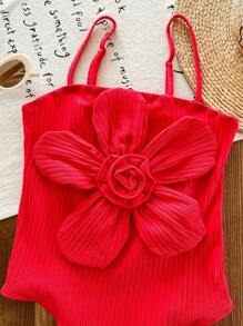 Tween-Mädchen Jumpsuit mit minimalistischem, rundem Ausschnitt, ärmelos und 3D Blumen Dekor - Rot - Übersicht 5