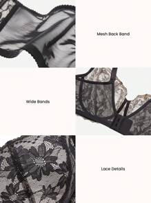 LUVLETTE 女士内衣休闲曲线全覆盖聚拢透气钢圈性感无衬里黑色蕾丝优雅网眼迷你文胸新娘内衣 - 黑色 - 查看 5