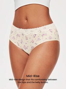 LUVLETTE 3条装透气柔软棉质基本款花卉印花蕾丝边中腰女士内裤 - 彩色 - 查看 2
