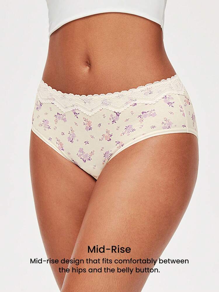 3-Pack Soft Cotton Basic Floral Print Lace Trim Mid-Waist Underwear Briefs
