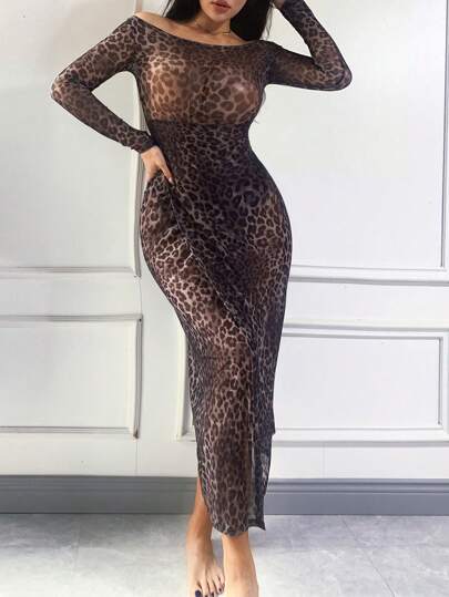 DAZY Leopard Print Mesh See-Through One Shoulder Long Fitted Sexy Women Nightgown Lingerie For Women