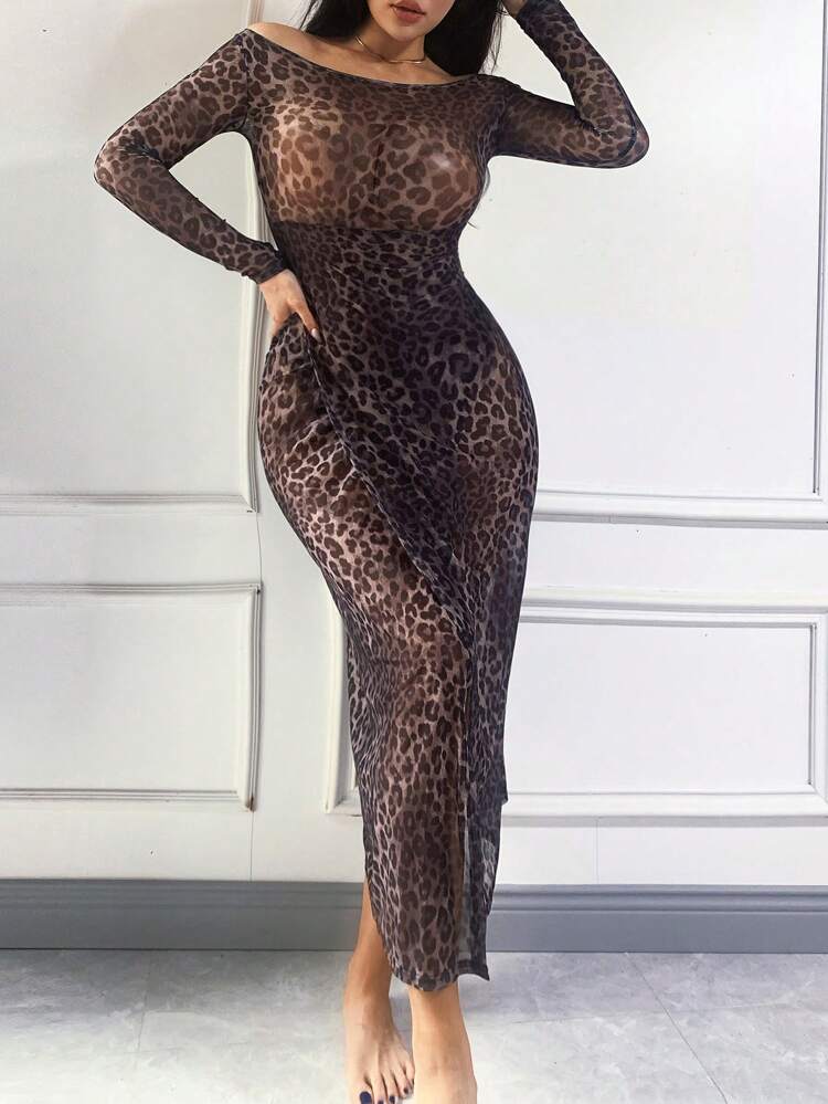 Leopard Print Mesh See-Through One Shoulder Long Fitted Sexy Women Nightgown Lingerie For Women
