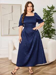 Modelyn Vestido corto de manga corta con cintura entallada y estampado de mariposas, tallas grandes - Azul Marino - Ver 5