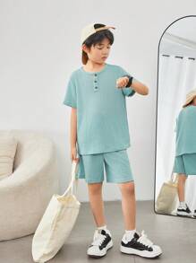 SHEIN Tween Boy Short Sleeve Button-Up Casual T-Shirt And Shorts Set For Loungewear/Home Wear