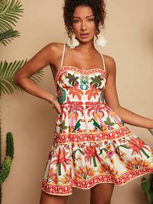 Travachic Vestido Curto Feminino Floral Estampado com Alças Tipo Espaguete, Adequado para Primavera/Verão, Estilo de Férias, Tecido Estampado Gráfico, Roupas Casuais de Férias de Verão para Mulheres, Trajes de Férias na Praia Boêmia, Estilo Boho Chic, Roupa para Show de País, Roupas de Festival de Férias, Roupas de Praia para Mulheres, Roupas de Verão para Mulheres, Estilo Velho Dinheiro, Roupa de Formatura, Vestido Solto de Verão, Vestidos de Aniversário para Mulheres