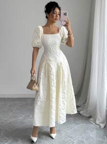 Chiquease Damen Strukturiertes Puffärmel Kleid in knöchellanger Länge