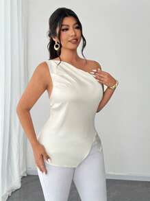 SHEIN Unity 1pc Plus Size Solid Color Chain Strap Asymmetrical Hem Camisole - Apricot - View 8
