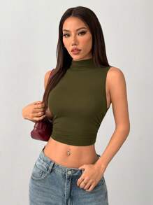 SHEIN PETITE Camiseta corta con cuello de tortuga - Verde militar - Ver 5