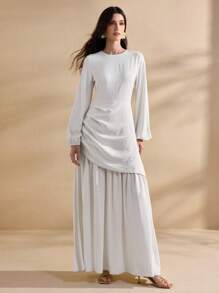 Graceveil 女士圆领长袖褶饰法式优雅连衣裙 - 白色 - 查看 6