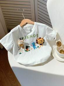 SHEIN 舒适可爱百搭卡通动物 3D 装饰短袖 T 恤针织上衣，适合男婴和女婴，适合室内、户外、日常穿着、运动、玩耍、派对、摄影、度假、春夏季 - 白色 - 查看 8
