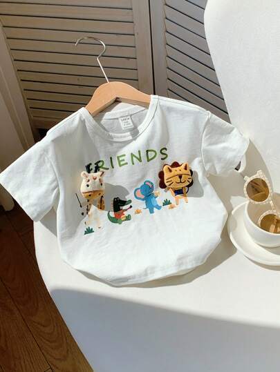 SHEIN Young Boys Cute Cartoon Animal Graphic Comfortable Casual Short Sleeve T-Shirt, Suitable For Indoor, Outdoor, Daily Wear, Sports, Play, Party, Photo Shoot, Holiday, Spring/Summer