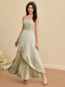 SHEIN 青少年女孩荷叶边 V 领分层细肩带派对礼服，伴娘婚礼正式服装