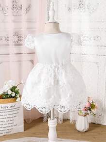 Baby Girl's Elegant V-Neck Puff Sleeve White Summer Dress