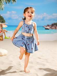 Young Girls Denim Two Pieces Outfits - Medium Wash - View 3