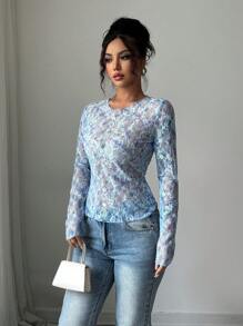 Elenzga Women Elegant Fashion Lace Print Casual Long Sleeve Crew Neck T-Shirt