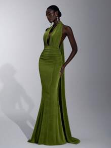 Elitara Elegante, romántico, sexy, minimalista, verde, de tela de punto, cuello halter, ajustado, cola de pez, de moda, estilo influencer, vestido para fiesta, cumpleaños, evento de boda, dama de honor